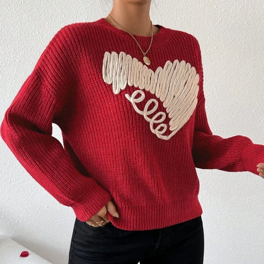 Red Casual Womens Love Heart Patchwork Drop Shoulder Sweater